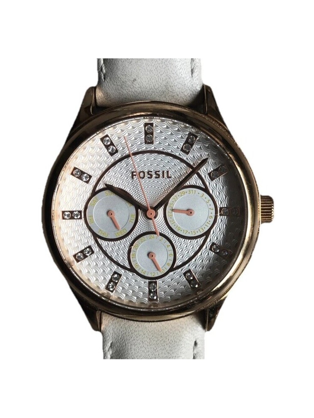 Beautiful Fossil Womens Watch BQ3093 Rose Gold Tone Bezel W/Three Sub Dials B-R